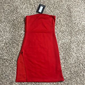 Red strapless mini dress